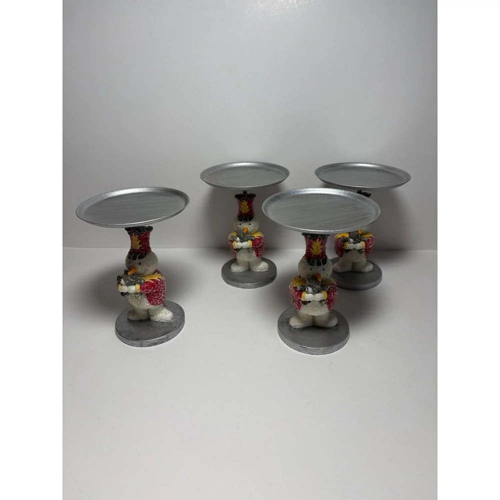 Set of 4 Snowman Nutcracker Candle Holders Silver Red Holiday Christmas Decor